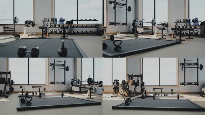 现代轻型健身房。健身房的运动器材。不同重量的杠铃放在架子上。