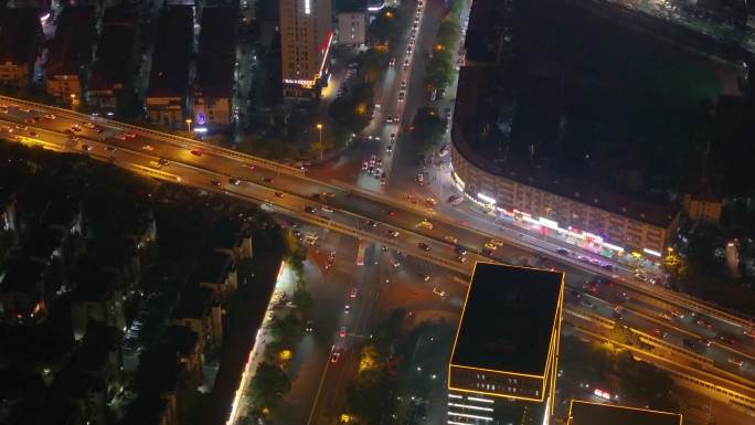 长沙夜景夜晚立交桥车流交通航拍车辆岳麓区