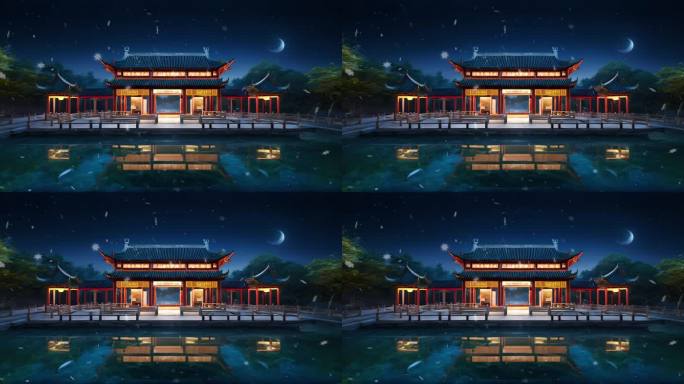 中式建筑夜景落叶秋季