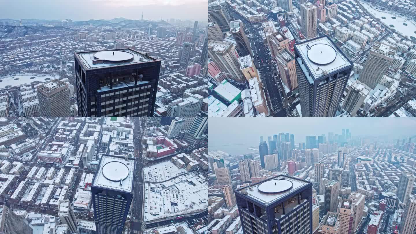 航拍4K 大连城市雪后楼顶环绕仰望全景