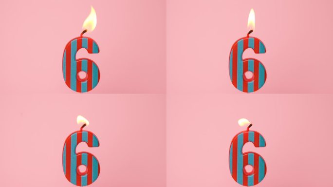 六周年纪念视频横幅燃烧剥离红色和蓝色6号蜡烛在浅粉红色的背景。4K分辨率生日快乐横幅