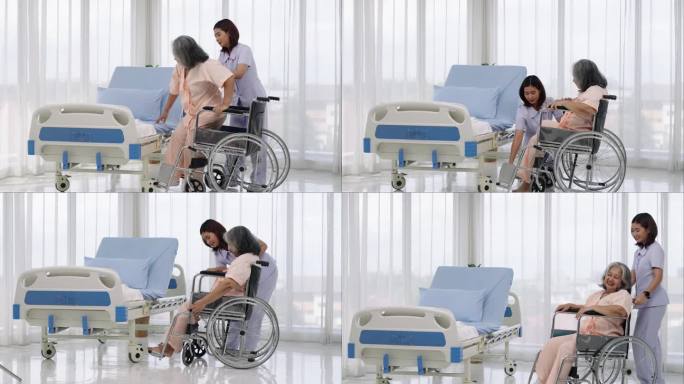 一名护士把一名亚洲老人扶上轮椅，带他去给他在事故中受伤的腿拍x光片。