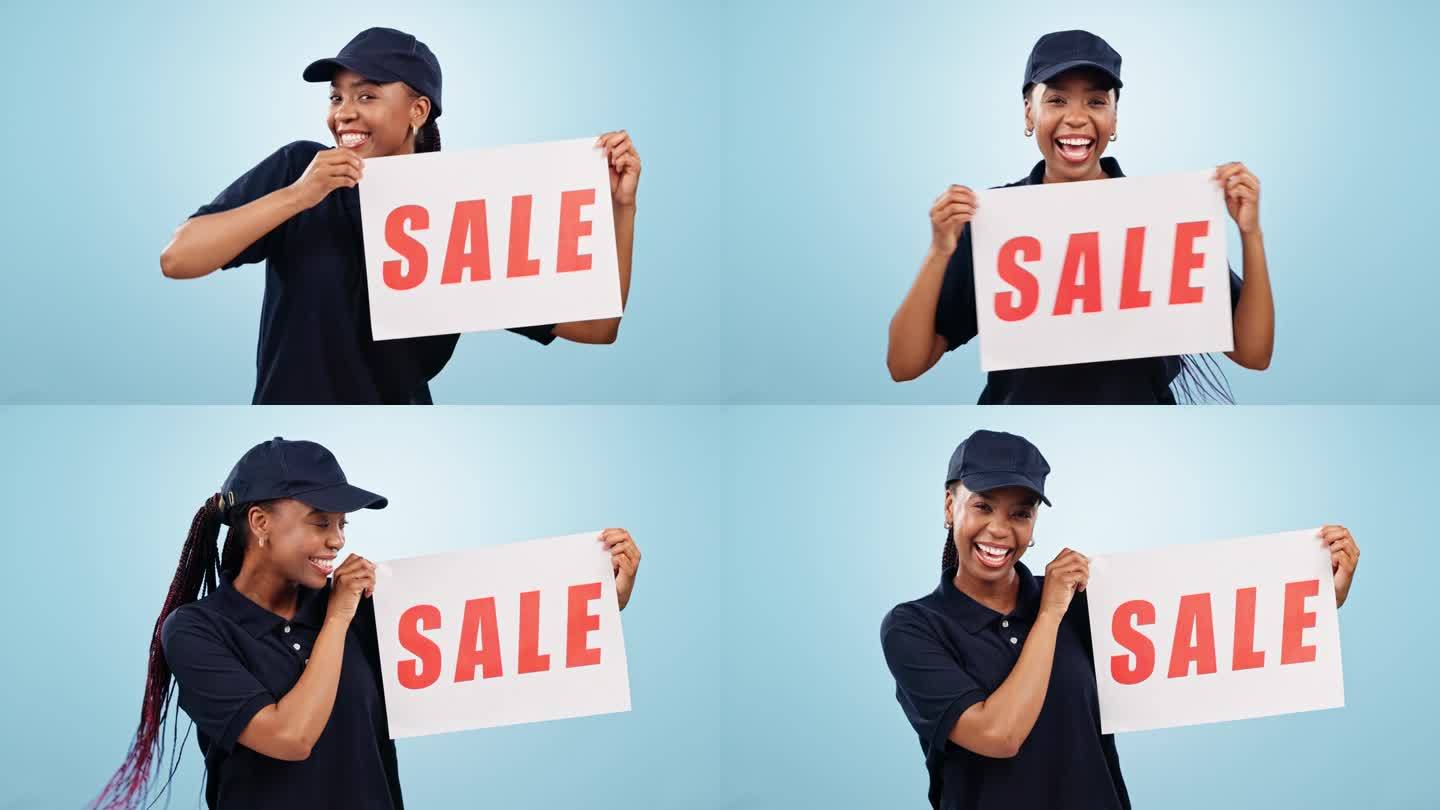 快乐的黑人妇女，销售和广告牌的交易，促销或折扣的蓝色工作室背景。兴奋的非洲女性肖像与海报在商店促销，