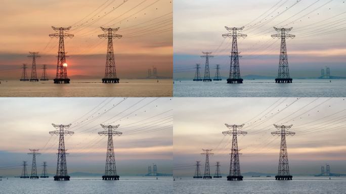 海上输电塔与日落