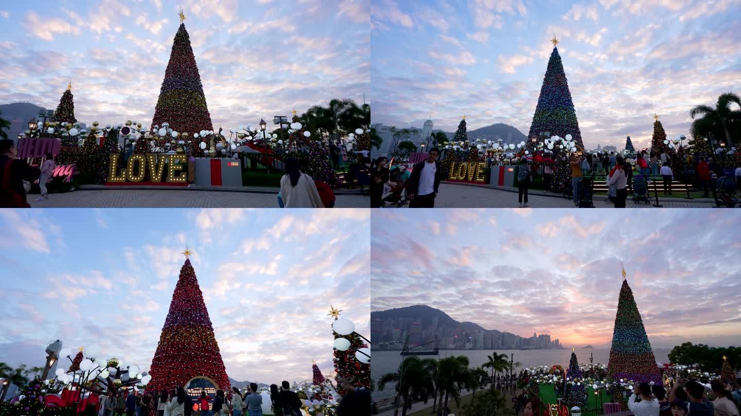 夕阳下香港旅游节西九龙圣诞小镇圣诞节