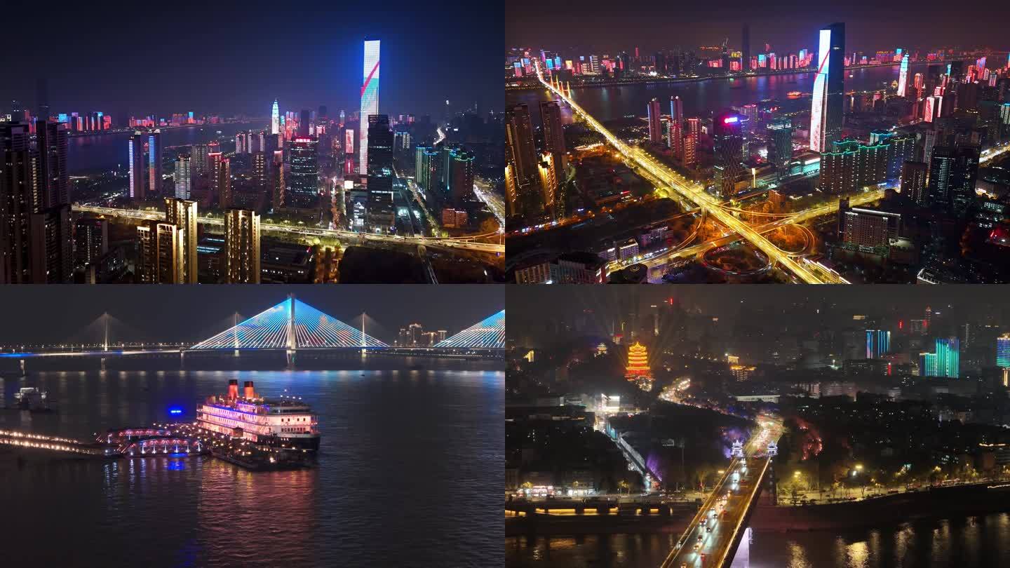 航拍武汉夜景灯光秀延时