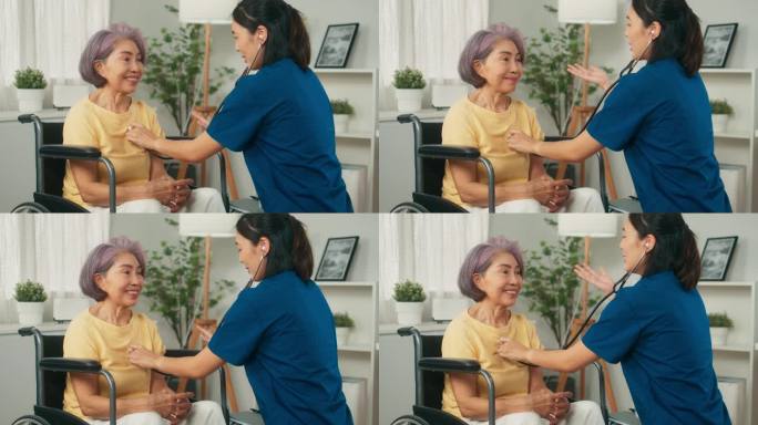 专业青年医生在体检预约中使用听诊器为轮椅上的残疾老年患者检查和听心跳，医生在家访中为老年祖母检查