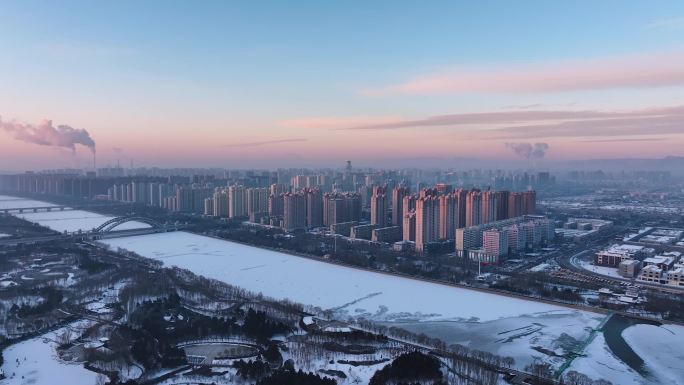 大同御河清晨朝霞火烧云城市风光航拍