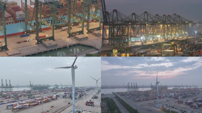 4K航拍天津港口物流装卸7分钟各种角度