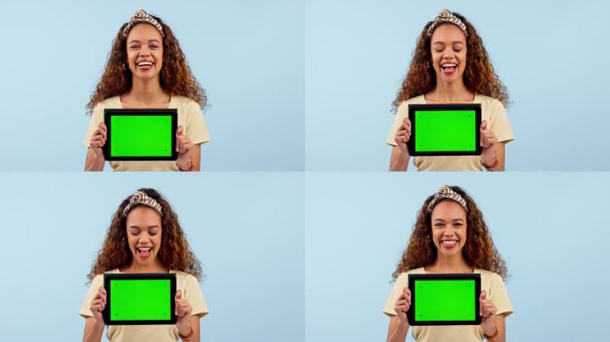 女人，平板电脑绿屏和营销模型的网站，信息或大学的常见问题解答在工作室。非洲学生的脸在数字应用程序，电