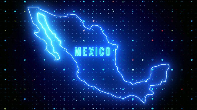 未来的蓝色闪耀墨西哥轮廓地图和标签文本发光霓虹灯耀斑运动揭示与星星闪耀网格背景