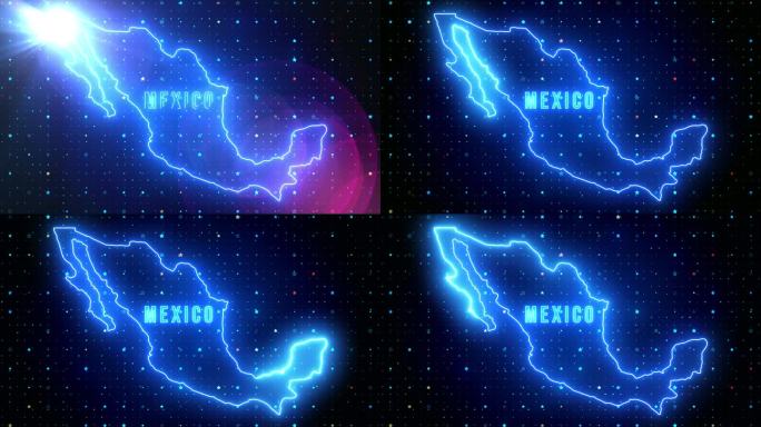 未来的蓝色闪耀墨西哥轮廓地图和标签文本发光霓虹灯耀斑运动揭示与星星闪耀网格背景