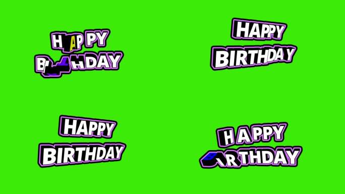 生日快乐3D弹性文字动画与紫色框架和旋转字母-绿色背景
