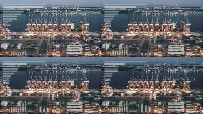 集装箱船工业港口航拍图/夜间发光数据线概念图