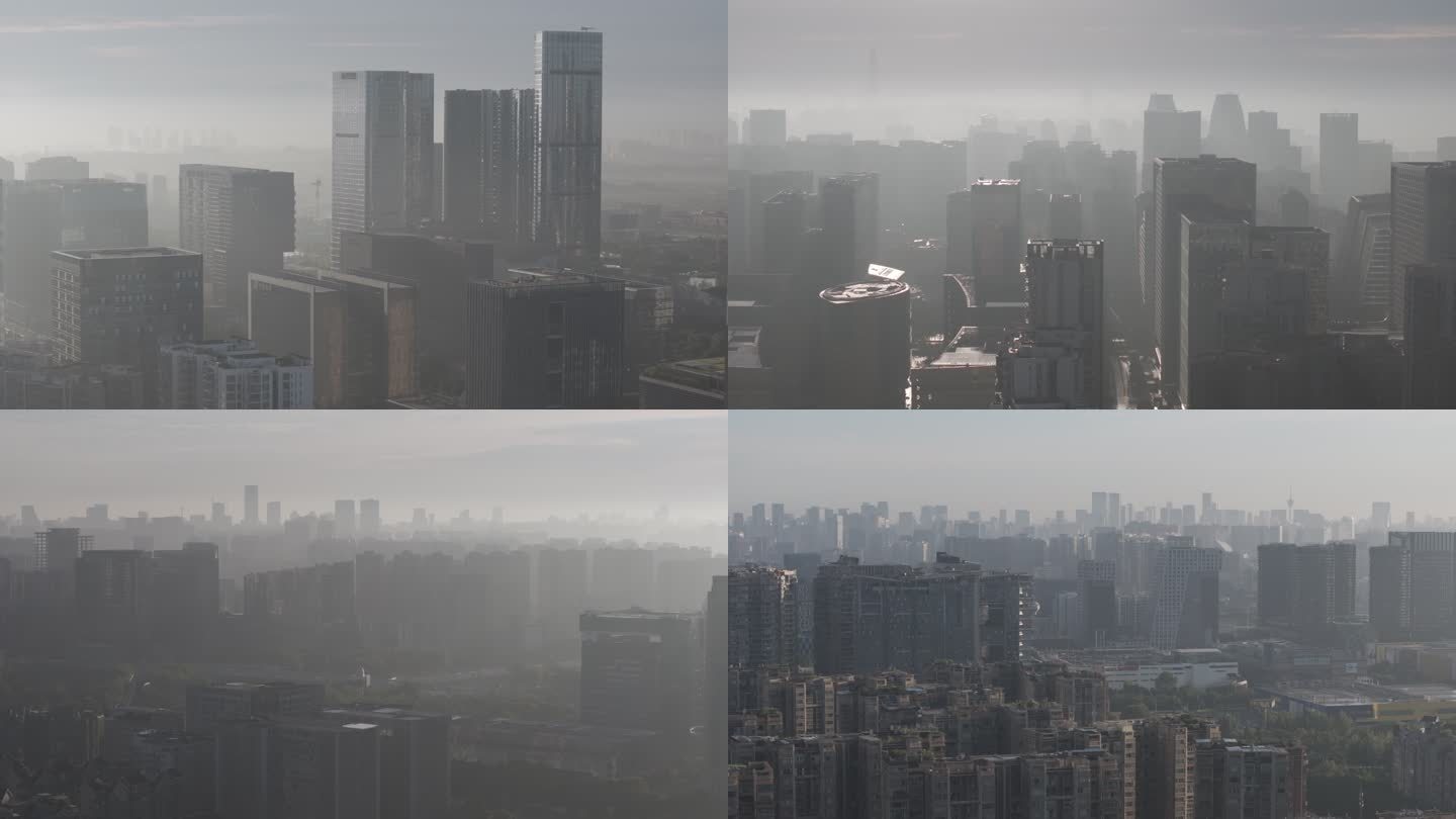 晨曦中的成都城区雾霾笼罩