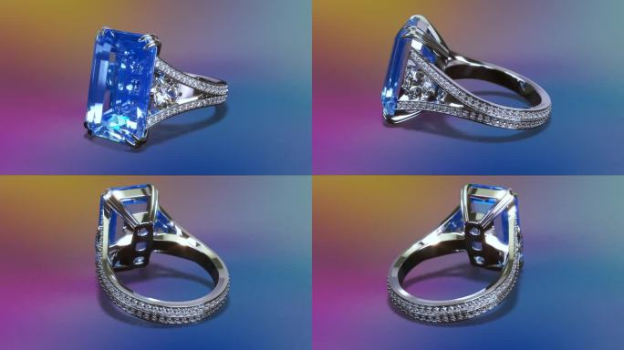 白色的金戒指镶着蓝色的宝石和钻石
