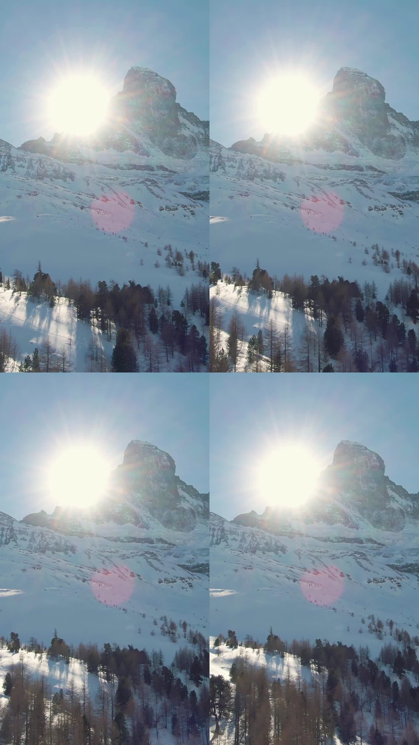 马特洪峰和冬天的太阳。北墙。瑞士阿尔卑斯山。瑞士。鸟瞰图。垂直视频