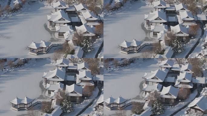 航拍威海市环翠区华夏城景区夏园冬季雪景