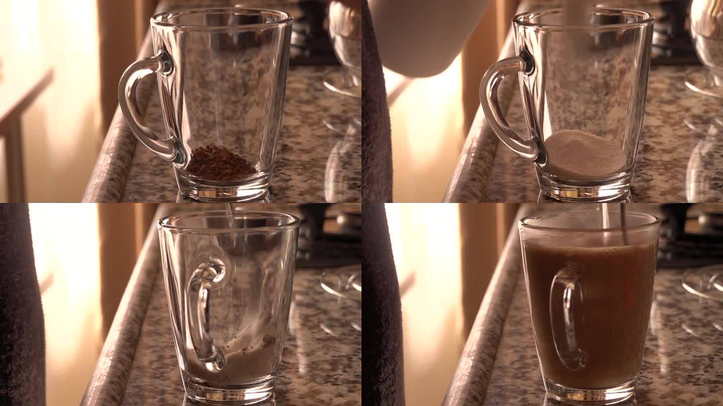 用干植物奶精制作速溶咖啡，用透明的玻璃杯热饮