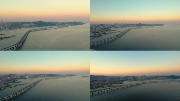 大连高新区海上跨海大桥航拍傍晚夕阳