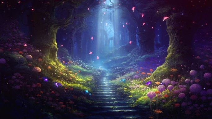 唯美童话梦幻奇幻花草丛林粒子森林幻境夜景