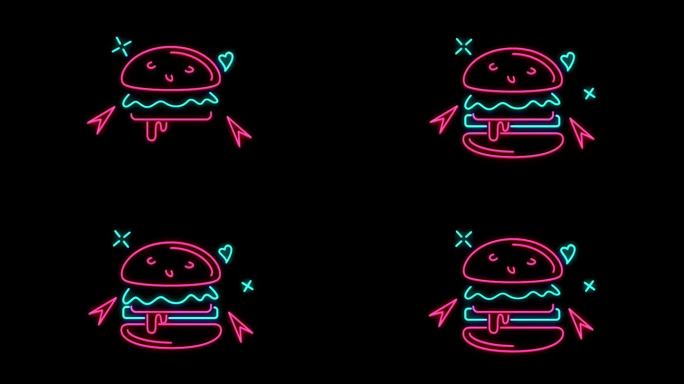 动画彩色霓虹灯汉堡形状孤立的黑色背景。