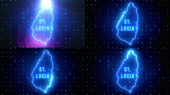 未来的蓝色闪耀圣卢西亚轮廓地图和标签文本发光霓虹灯耀斑运动揭示与星星闪烁网格背景