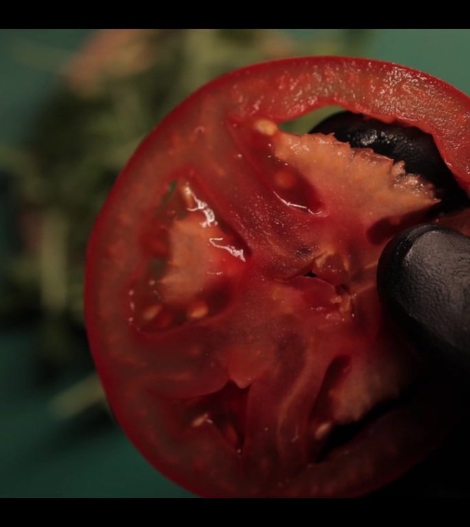 厨师在汉堡的配料中加入番茄片的特写镜头