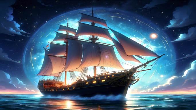 4K梦幻星空星夜帆船海上航海背景