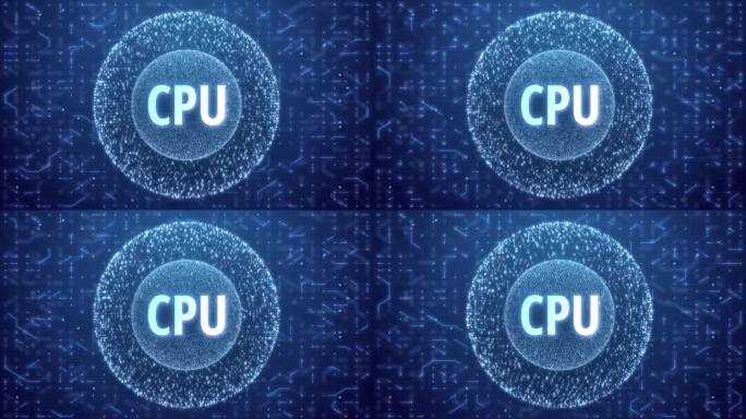 基于矩阵球的CPU概念电路背景。球体形式的随机数在电路蓝色背景上