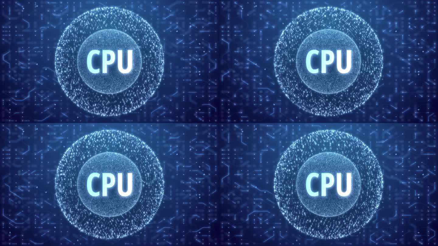 基于矩阵球的CPU概念电路背景。球体形式的随机数在电路蓝色背景上