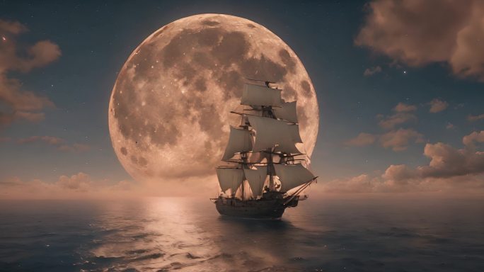 圆月下的帆船船只