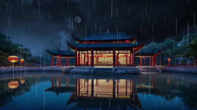 中式建筑夜景下雨天气