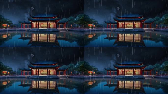 中式建筑夜景下雨天气