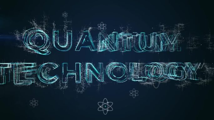 量子技术动画的量子粒子原子在空白空间与三维渲染的书面标志