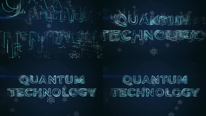 量子技术动画的量子粒子原子在空白空间与三维渲染的书面标志
