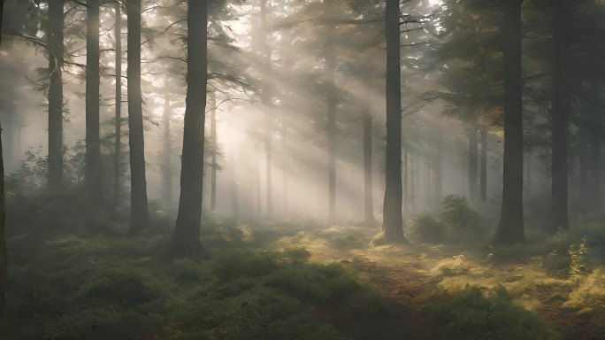 日出森林雾气自然风景迷雾森林