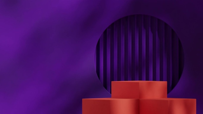 空模型亮橙色块讲台与无缝循环阴影动画暗紫色圆墙，3d视频渲染