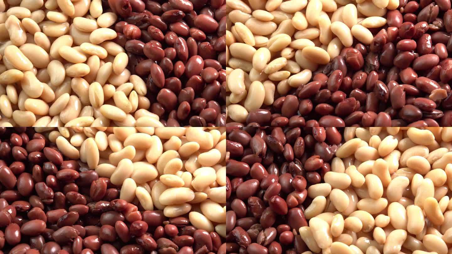 红芸豆和白芸豆罐头旋转背景顶视图侧光。有机蒸豆。墨西哥菜的腌豆