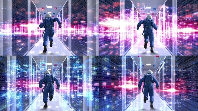 宇航员在先进的服务器机房里奔跑