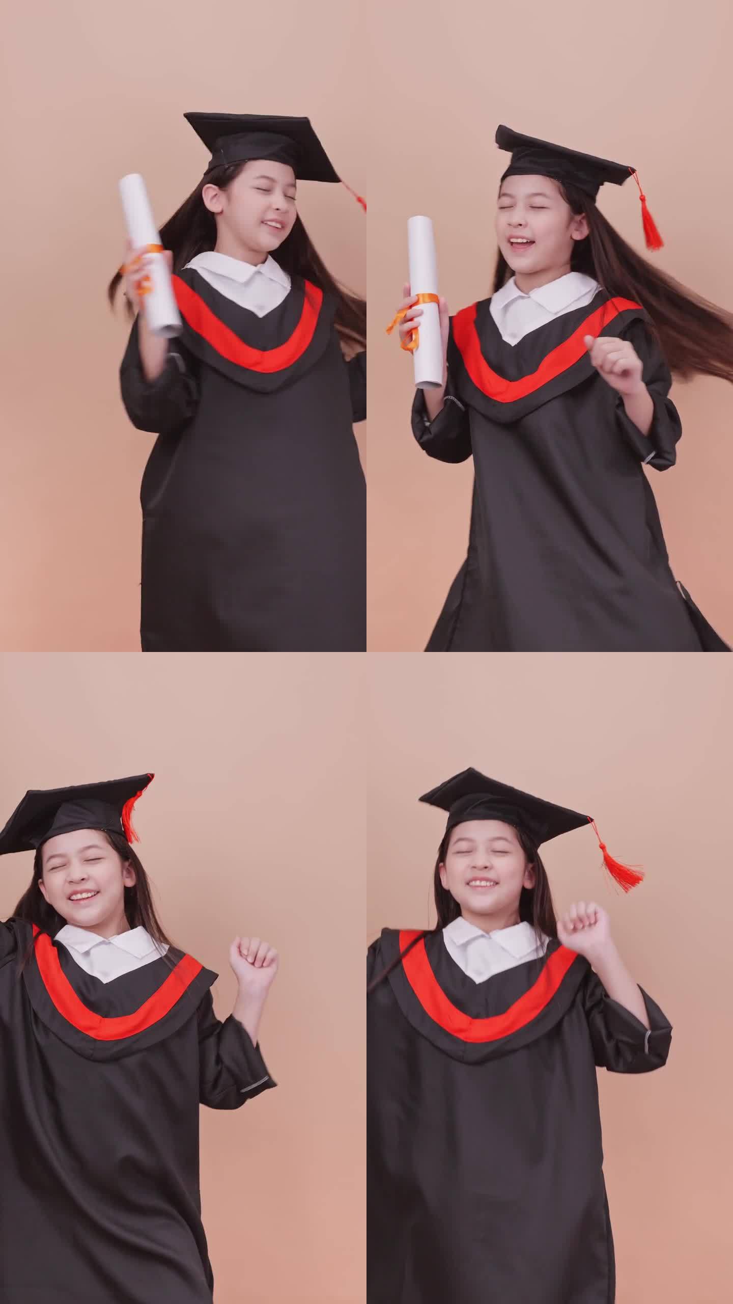 垂直夹。一个穿着毕业礼服的女学生在棕色背景上做着快乐的手势和表情。