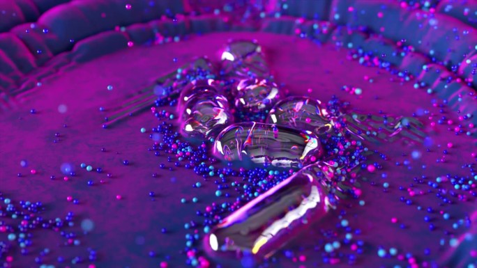 地板上的金属气泡膨胀，变成了一个标志。字母m。蓝紫色的霓虹色。周围的粒子和圆