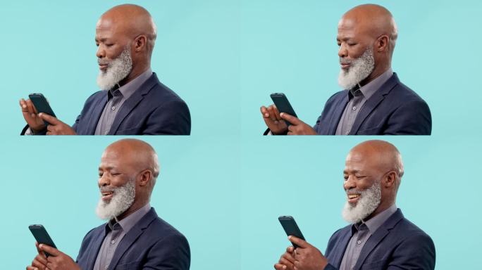 有智能手机的商界资深黑人，在蓝色背景下上网浏览有趣的表情包或社交网络。在工作室执行应用程序，社交媒体