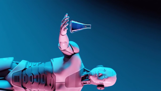 人工智能人形机器人手持实验室泡罩玻璃全息图使用人工智能3D渲染动画