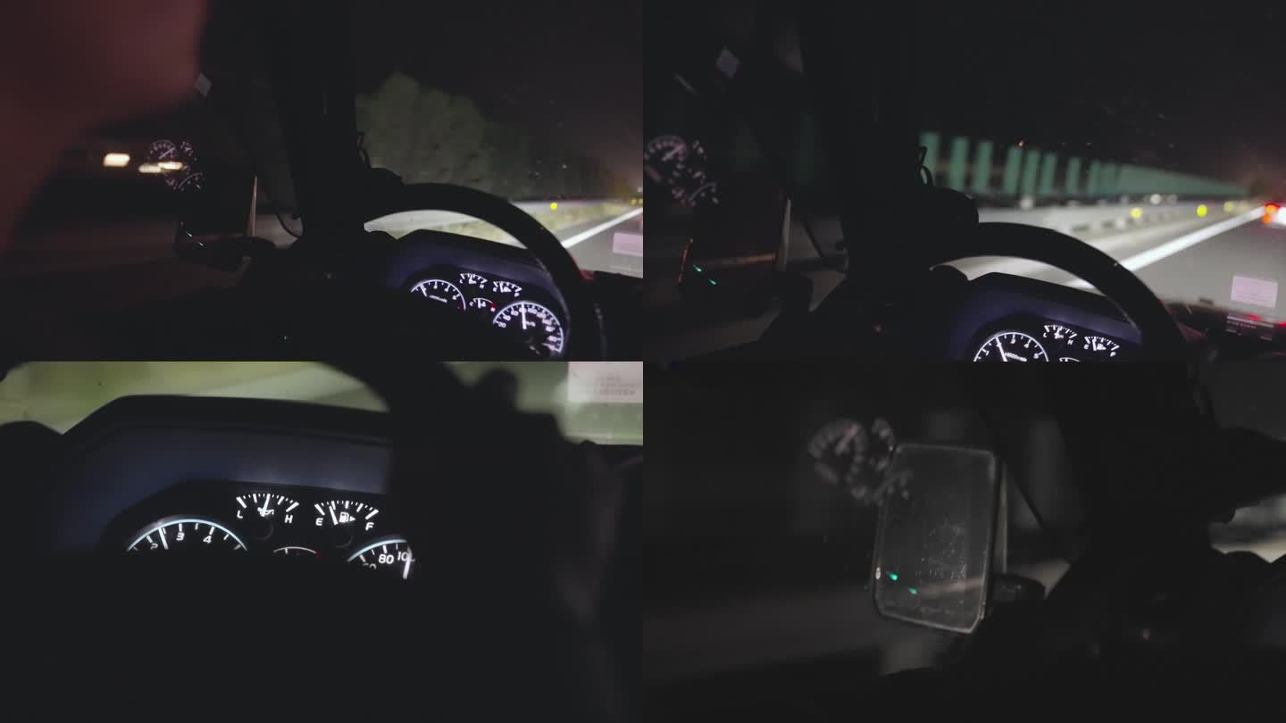 夜间行驶车内视角汽车内饰仪表盘手握方向盘