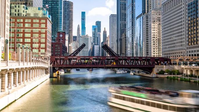 芝加哥河滨步道，船和桥升降机延时视频