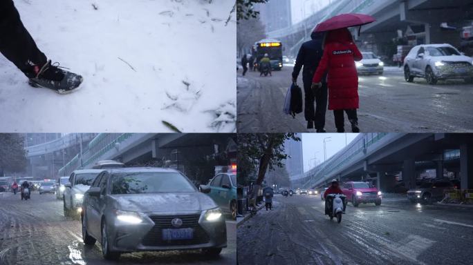 风雪中前行慢镜头 行人 车辆