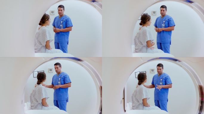 忧心忡忡的女病人向放射技师询问有关CT扫描的问题