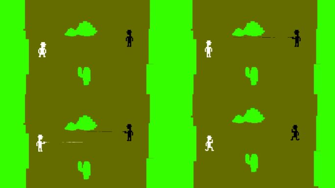 动画的老游戏在8位像素风格，男人跑和射击，西部。