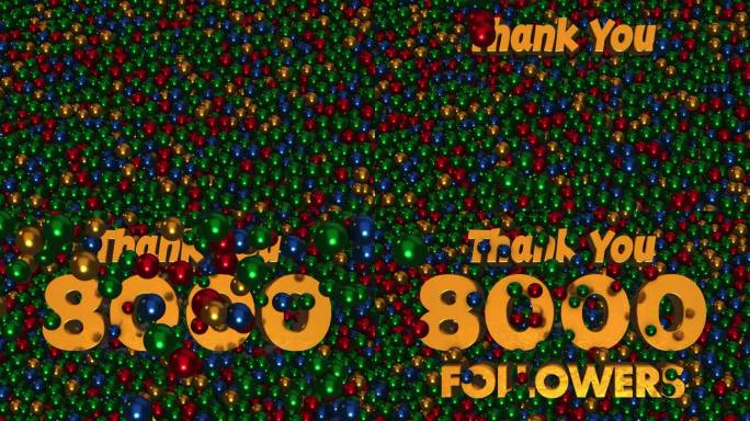 谢谢你8000个追随者3d文本揭示推动金绿蓝红金属球坑球背景3d渲染